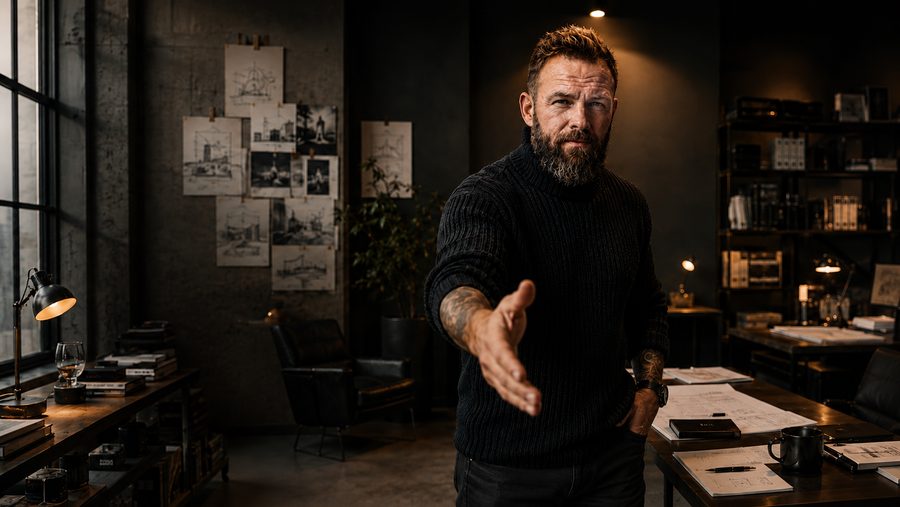 Pascal Pollack in seinem Arbeitsraum, die Hand zum Gruß ausgestreckt